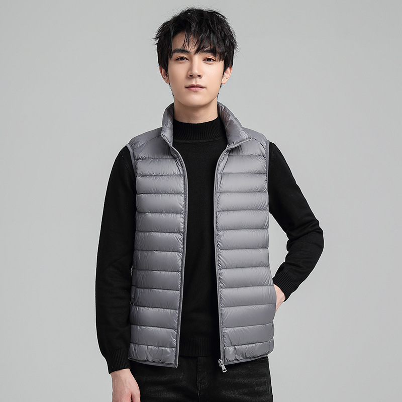 Men's Thin Down Vest, Warm White Duck Down, Stand Collar Solid Color Vest, Lightweight Jacket