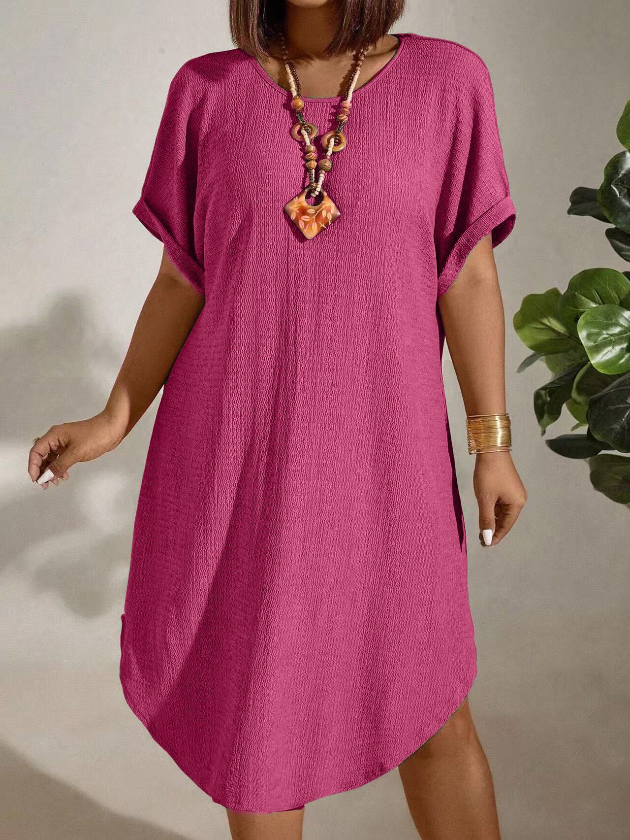 Solid Color Large-Size Dress for Women, Summer New Short-Sleeved Casual Everyday Wear