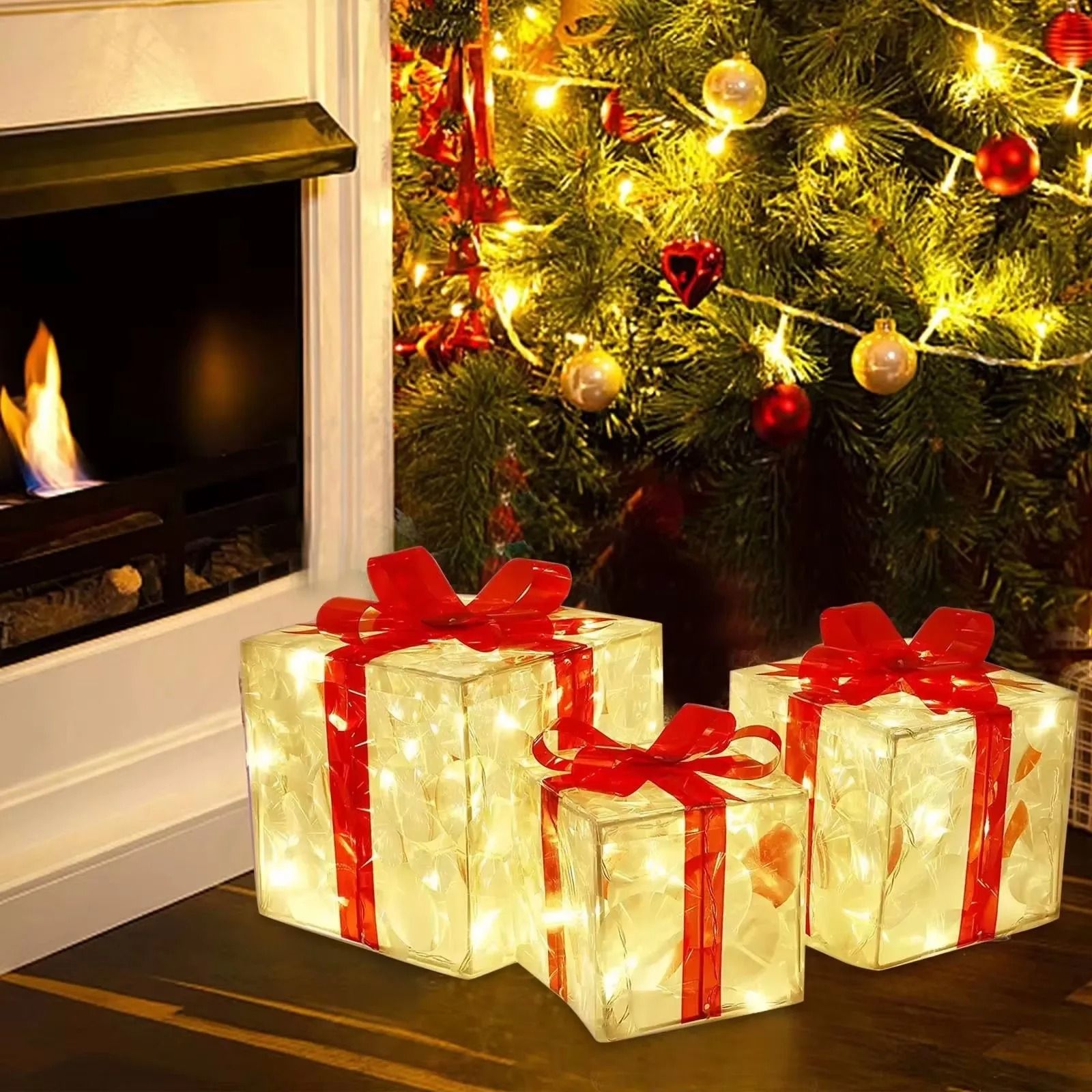Solar Glowing Gift Box Decoration Ornament with Bow for Home and Yard