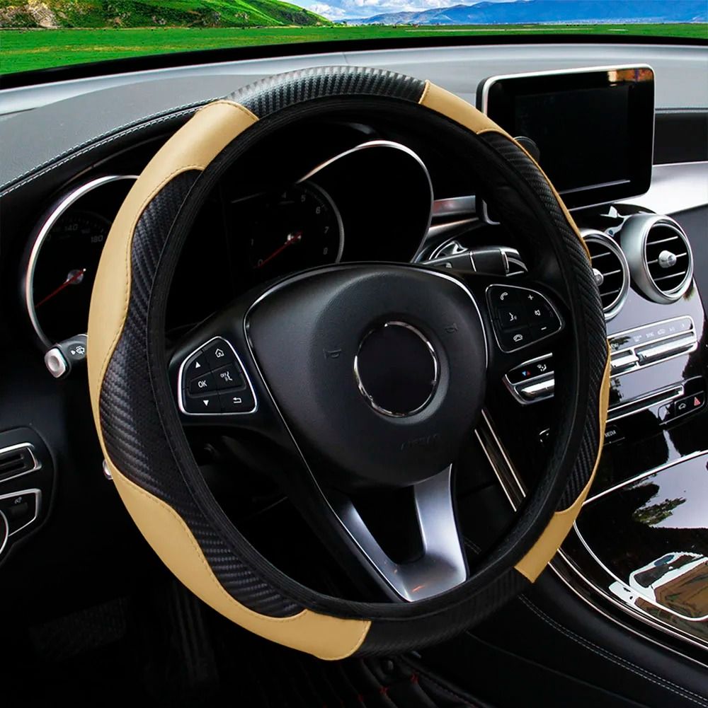 Carbon Fiber PU Leather Steering Wheel Cover 14.5 to 15 Inches