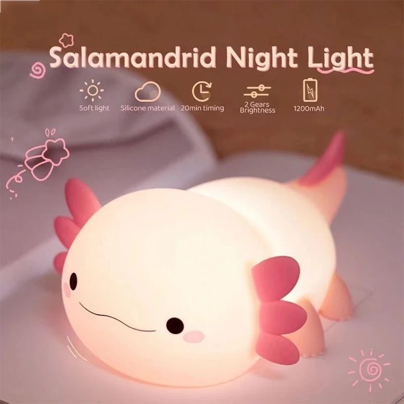 Cute Axolotl Silicone LED Night Light – Touch Control Rechargeable Kids Bedside Lamp