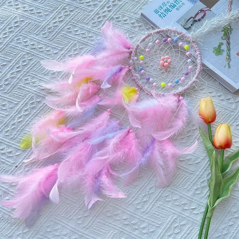 Cream Flower Dream Catcher | Handmade Feather Wind Chimes & Pastel Wall Pendant