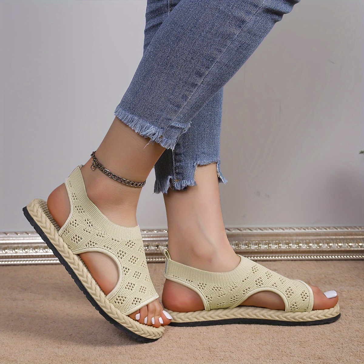 Women's Breathable Knit Flat Sandals - Casual Open Toe Summer Shoes - Lightweight Slip On Sandals