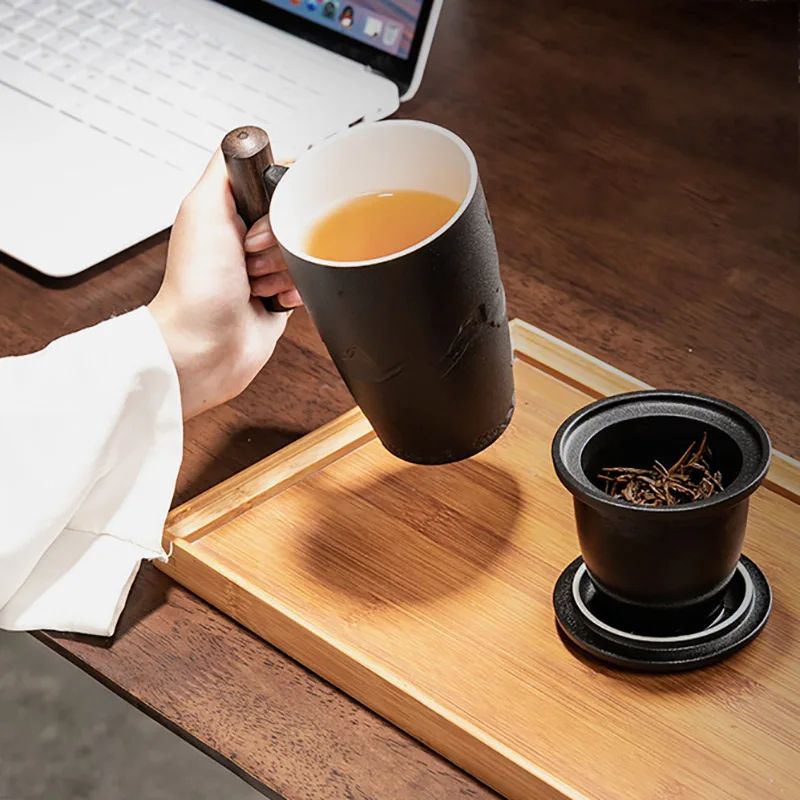 Retro Ceramic Mug with Wooden Handle and Lid
