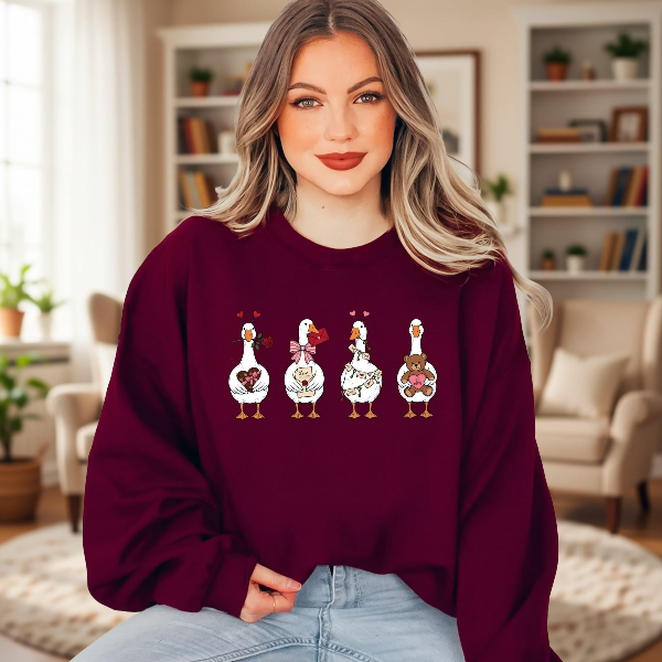 Valentine Goose Sweatshirt – Cute Funny Silly Goose Love Cozy Romantic Crewneck Pullover for Her