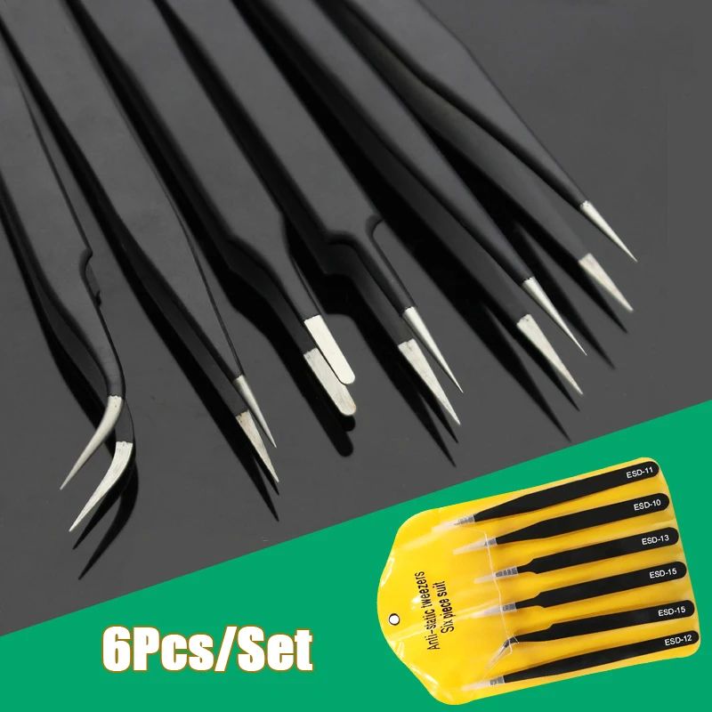 6 Pcs Antistatic Stainless Steel Tweezers Set | Curved & Straight Tips for Electronics Repair & Model Making