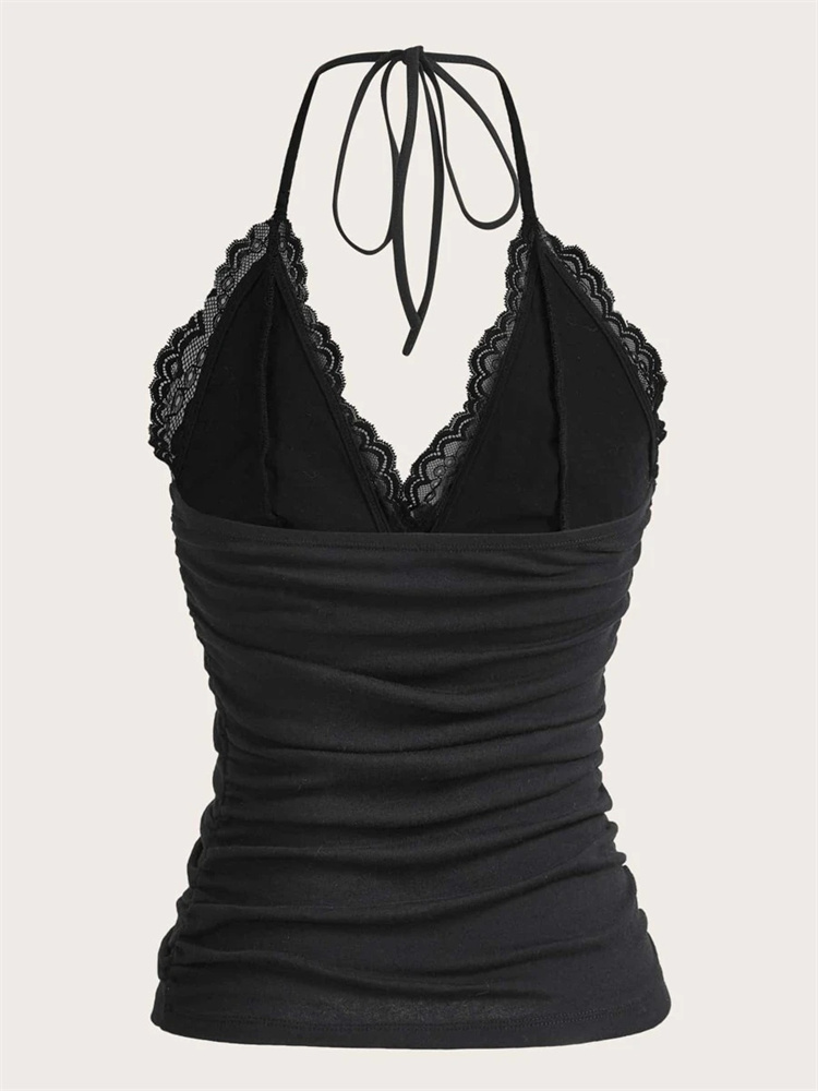 Goth Grunge Punk Black Lace Patchwork Halter Top, Women Summer Solid Ruched Backless Sleeveless Tank Top, Streetwear