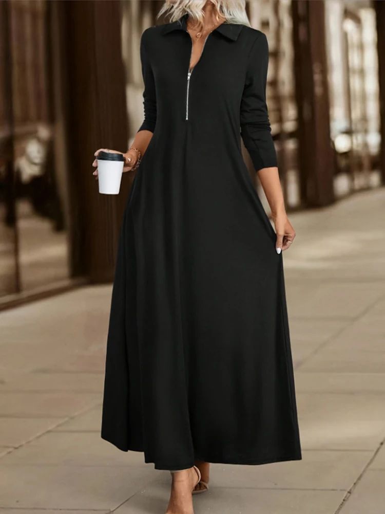 Elegant Long Sleeve Maxi Dress with Pockets – Spring-Autumn Slim Shirt Dress