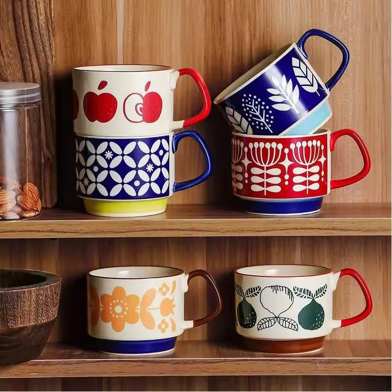 Japanese Flower Retro Ceramic Mug Set 300ml Stylish Drinkware