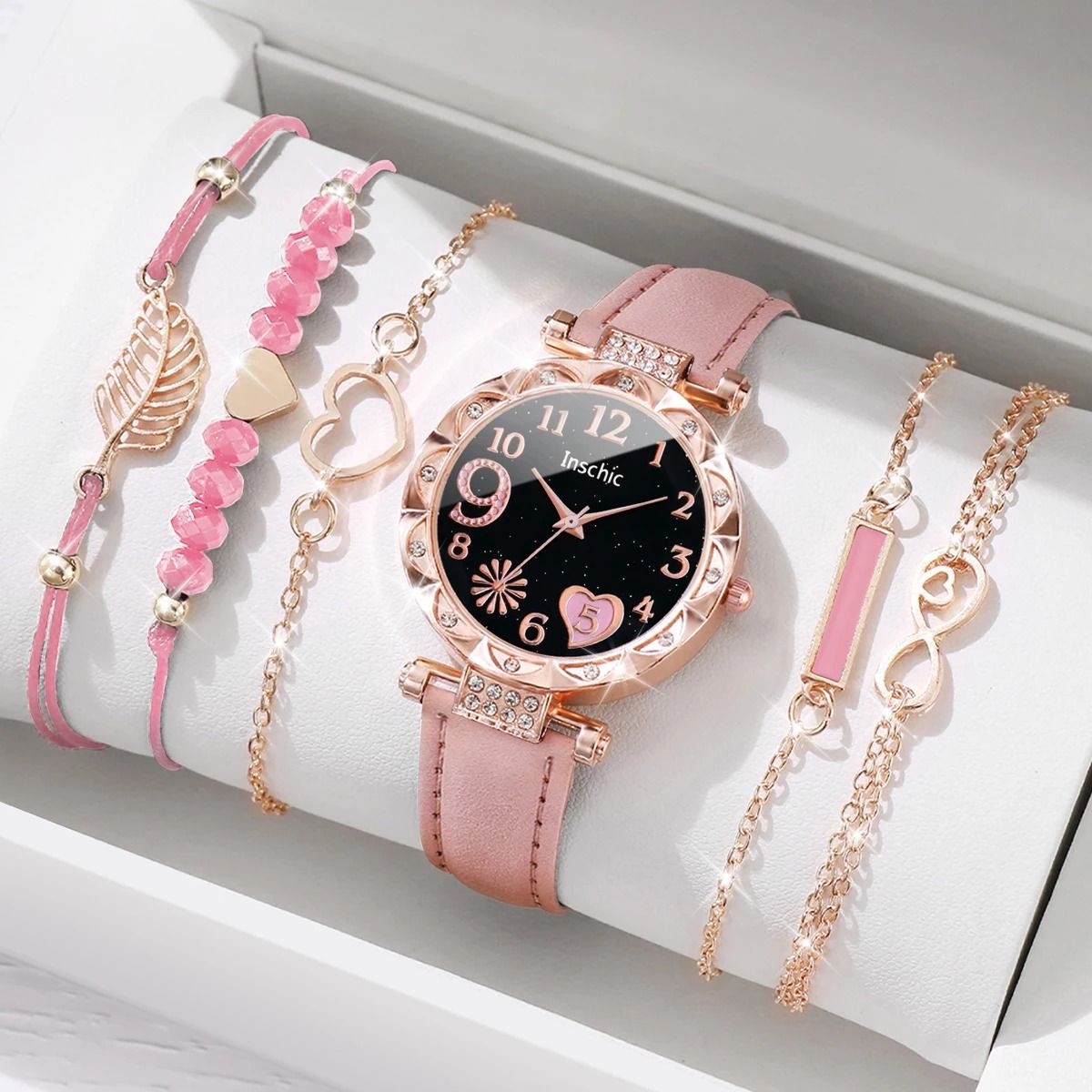 6-Piece Fashion Heart Dial Watch Set – Elegant Leather Band & Leaf Bracelet Collection