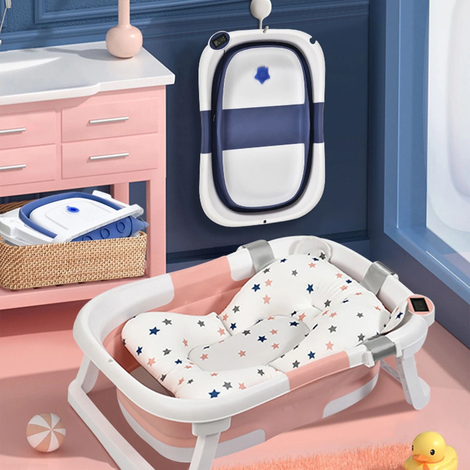 Smart Folding Baby Bath Tub with Real-Time Temperature Display and Non-Slip Mat