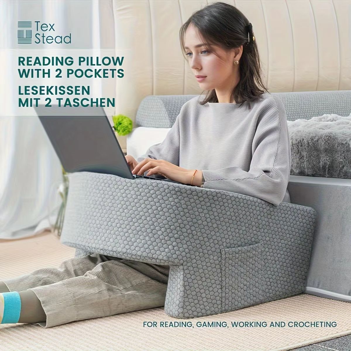 Extra Large Reading Pillow with Arm Rests – Memory Foam Bed Rest Pillow for Adults & Gamers