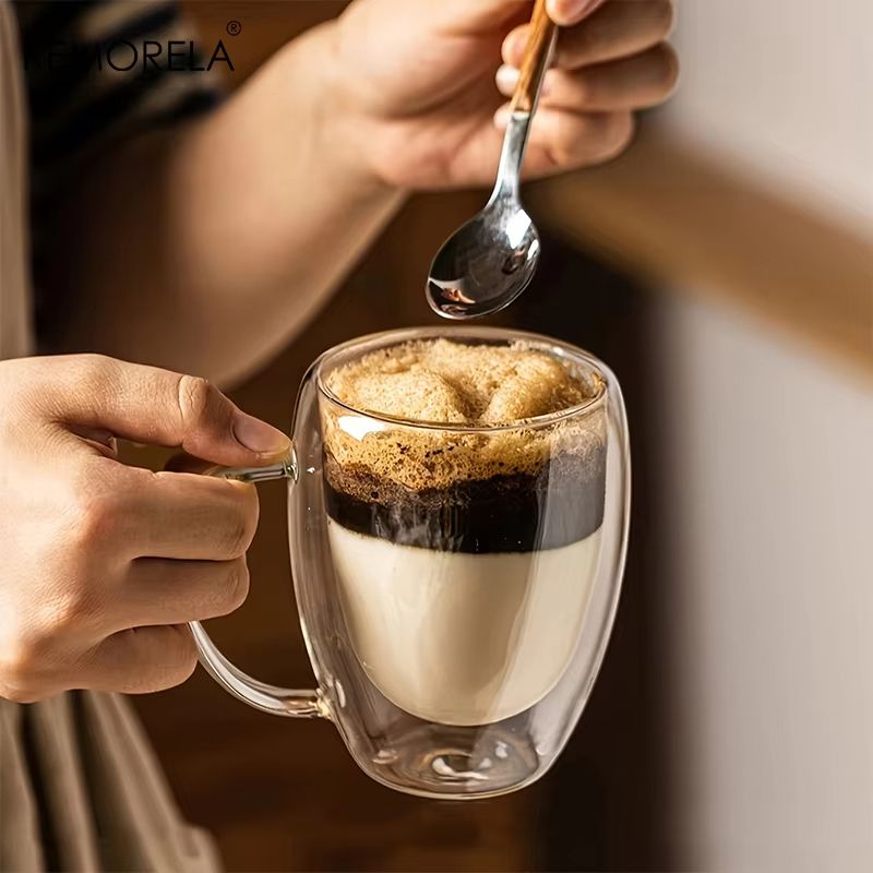 350ML (11.83fl oz) Double Wall Glass Coffee Mug – Transparent Cappuccino Cup with Handle for Tea, Milk & Juice