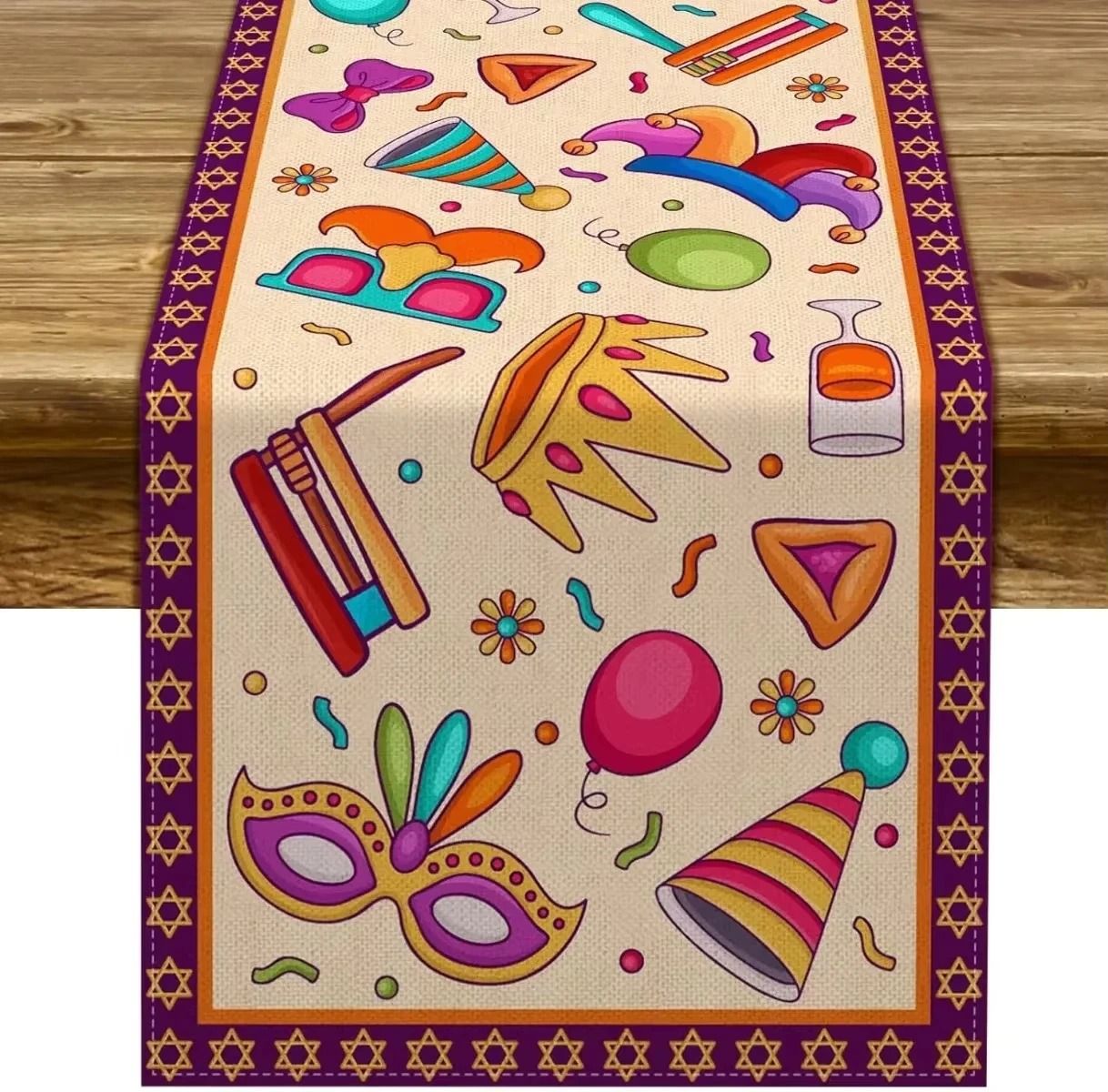 Happy Purim Table Runner | Festive Jewish Holiday Feast & Carnival Decor