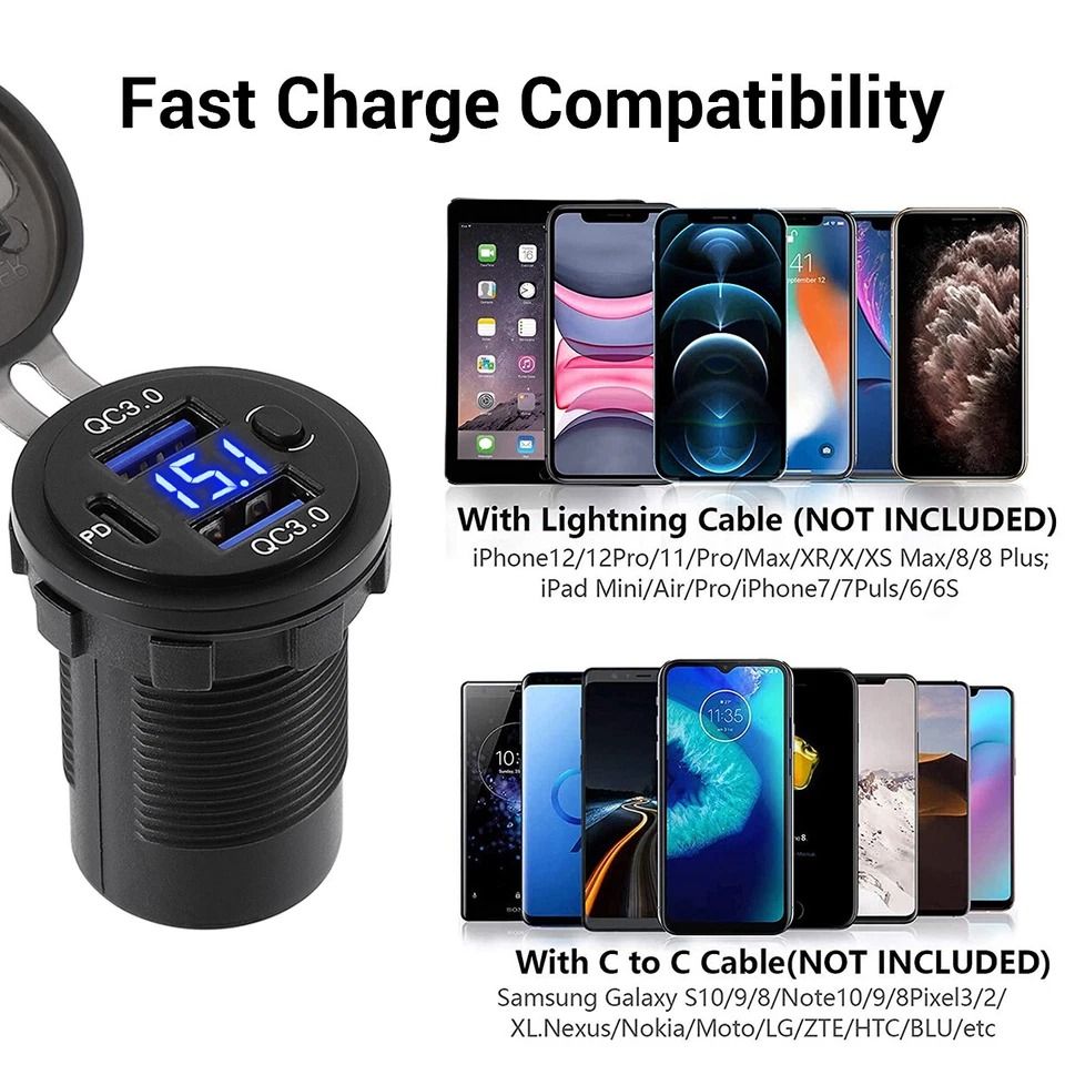Car Fast Charger, PD QC Dual USB Power Socket Outlet with LED Voltmeter, Waterproof, Charging Power