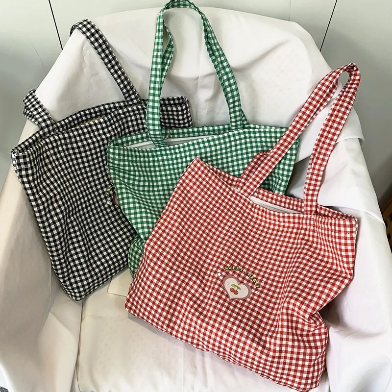 Retro Plaid Canvas Tote Bag for Women Zipper College Shoulder Shopping Bag