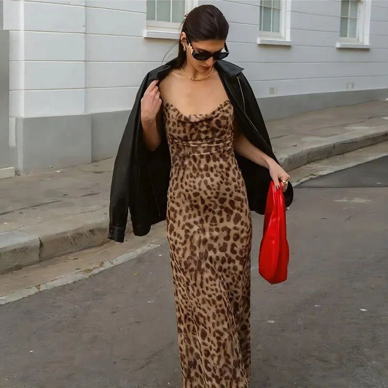 Sexy Leopard Print V-Neck Backless Long Strap Dress for Women, Street Royal Sister Style Glam