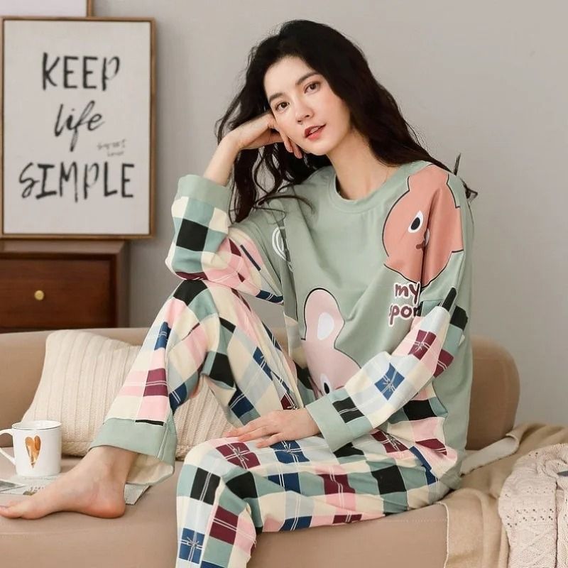 Fall Winter Womens Cartoon Pajama Set Long Sleeve Top and Pants Cozy Sleepwear Loungewear