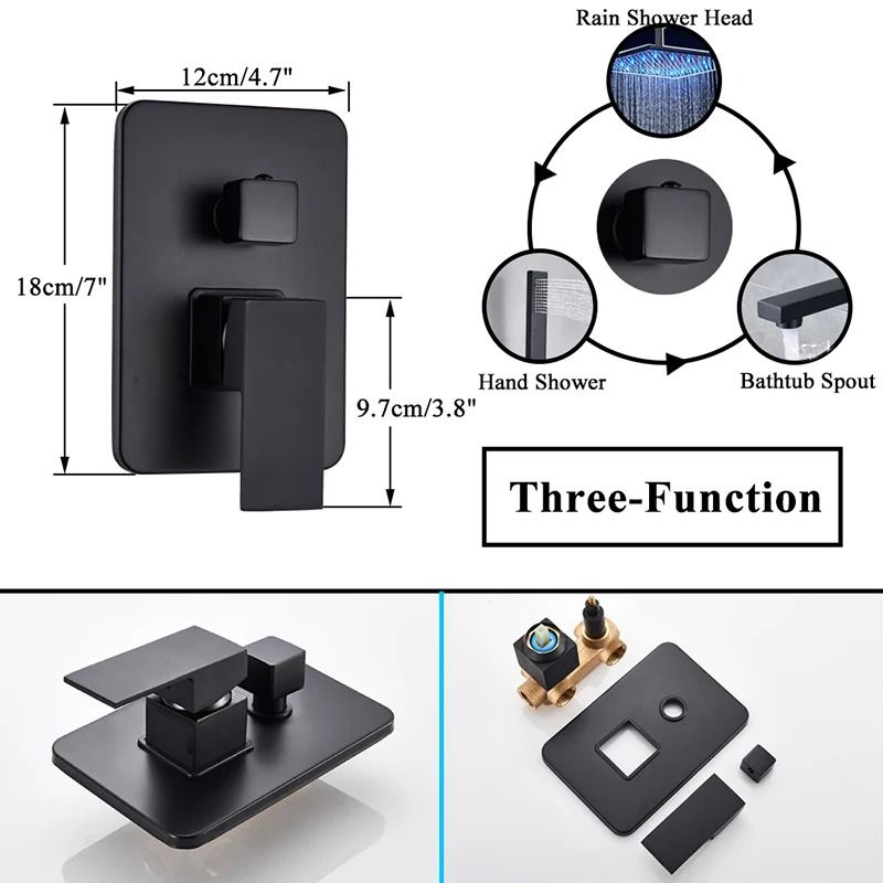 Matte Black rainfall shower set Wall Mounted bathroom shower faucet with LED Shower Head Mixer Tap