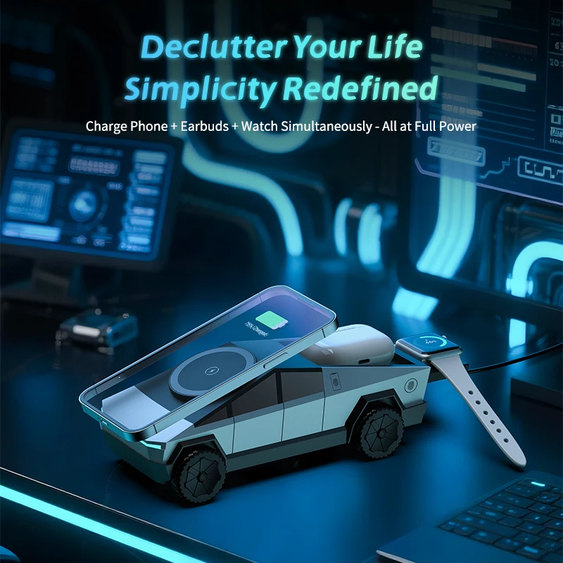 Multifunctional 3-in-1 Wireless Charger, Cybertruck Desktop Qi2 Charger, iPhone, iWatch, AirPods Charging