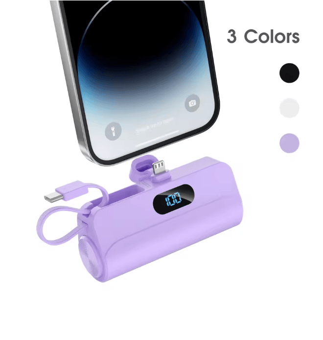 5000mAh Mini Portable Charger with Built In Cables and LED Display