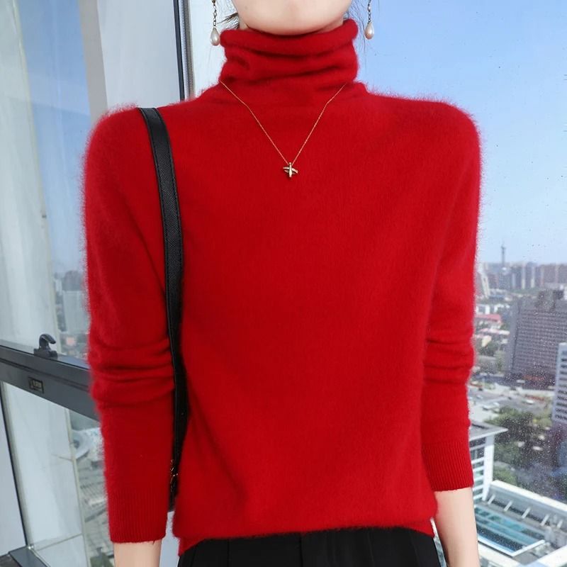 Womens Pure Mink Cashmere Sweater Slim Fit Pullover with Pile Collar Knitted Winter Top