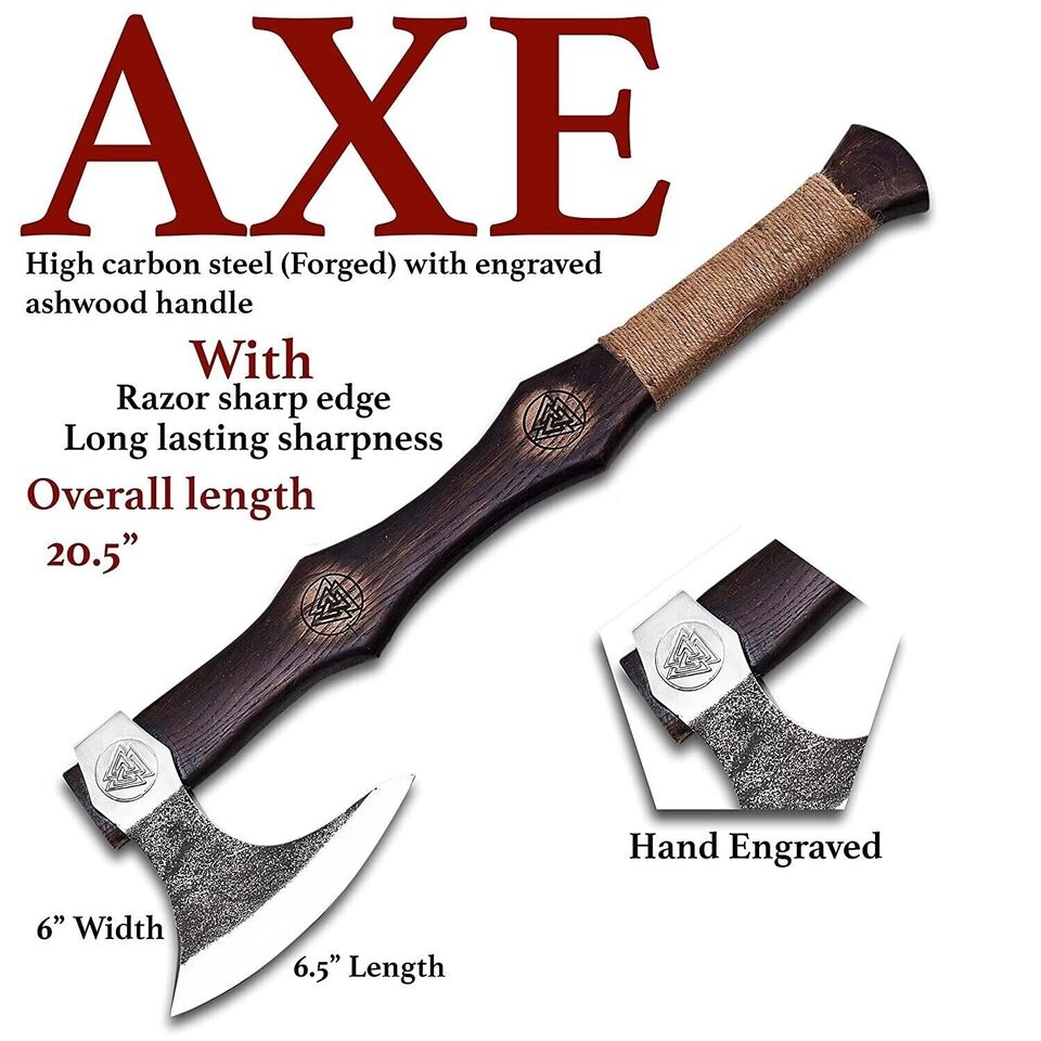 Hand-Forged Carbon Steel Axe | 21.5 Inch Acid-Etched Head with Cutting Edge & Hand-Engraved Ash Wood Handle