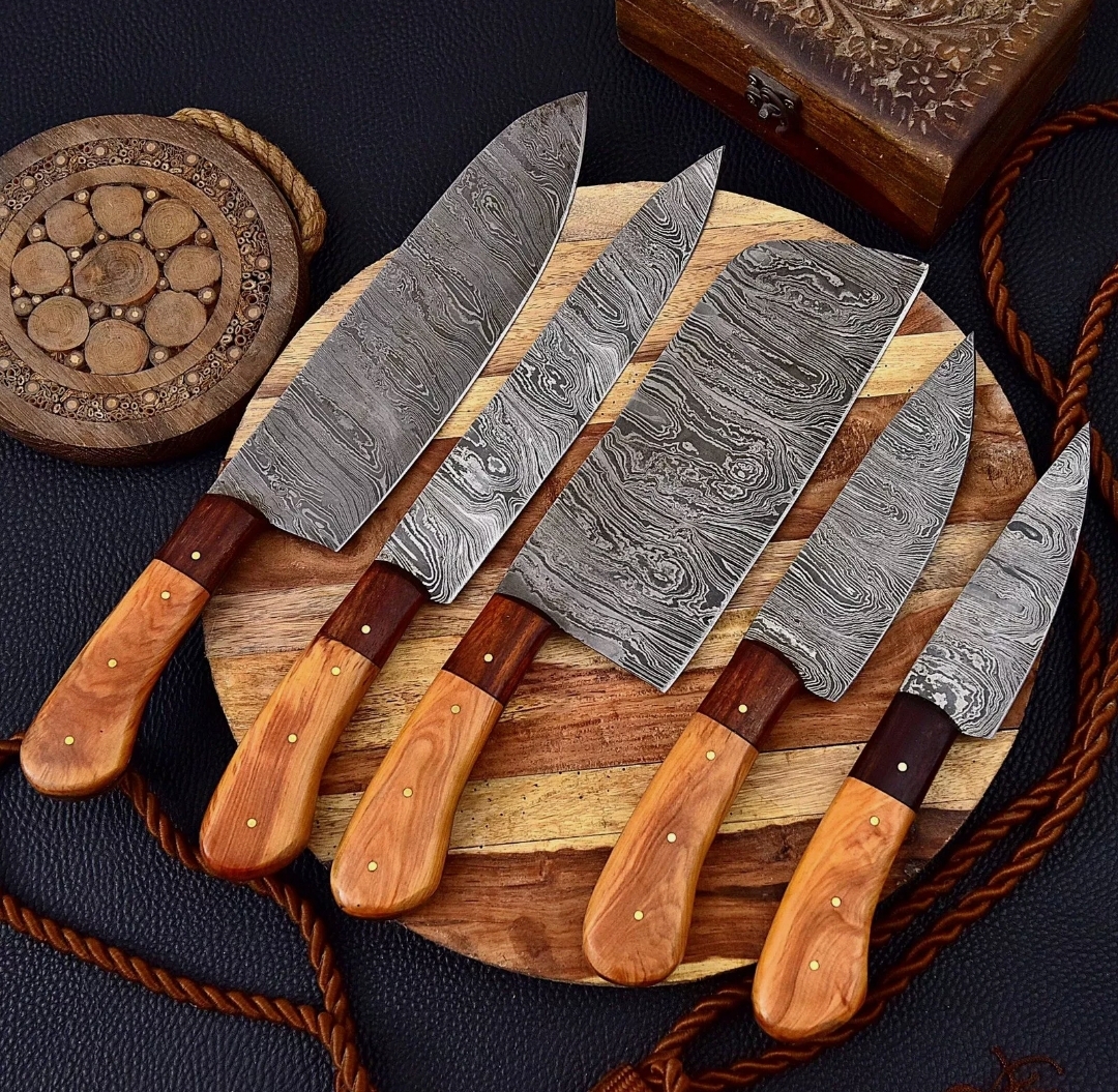 Damascus Chef Set Of 5 Pieces ,Custom Handmade Chef Set , Handmade Damascus Chef Set ,Personalized Gift For Mother ,