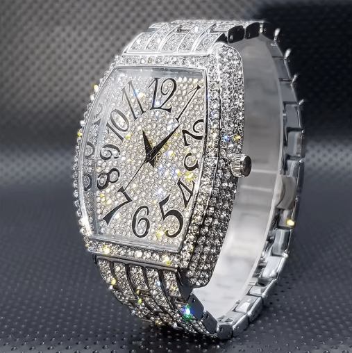 Luxury Iced Out Tonneau Stainless Steel Quartz Watch for Men