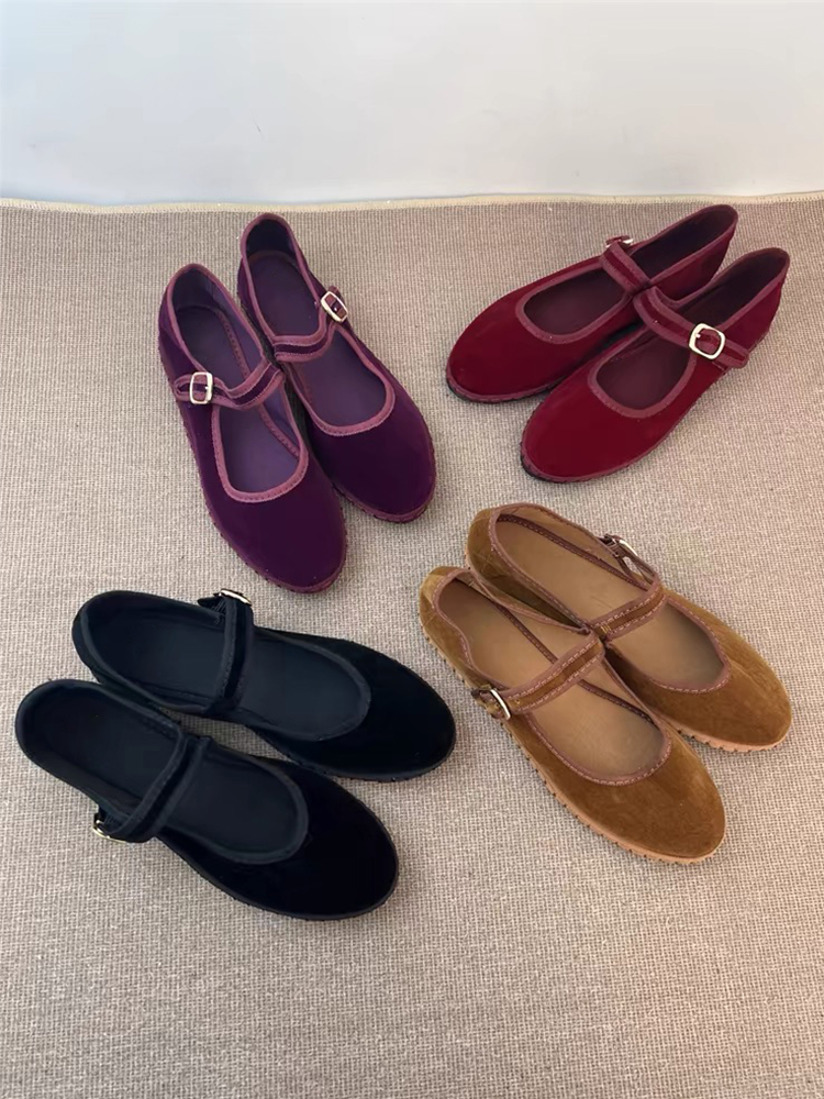 Velvet Ballet Flats for Women Comfortable Hand-Stitched Casual Streetwear Loafers in Solid Red