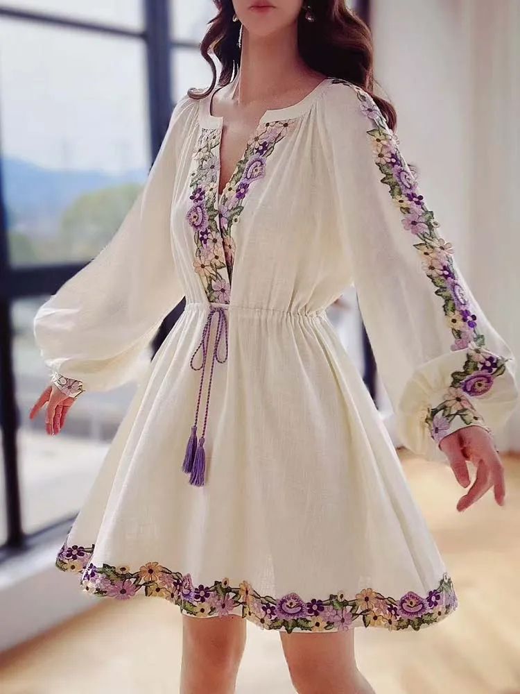 Embroidered Chiffon Dress with Lantern Sleeves – Elegant Beach Style Dress Knee-Length Y2K Spring Dress