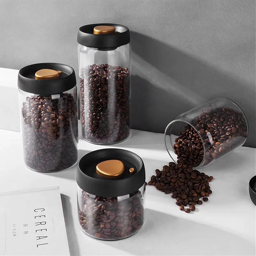 Coffee Beans Vacuum Sealed Tank, Household Glass Food Storage Tank Moisture Proof Air Extraction Transparent Tea Storage