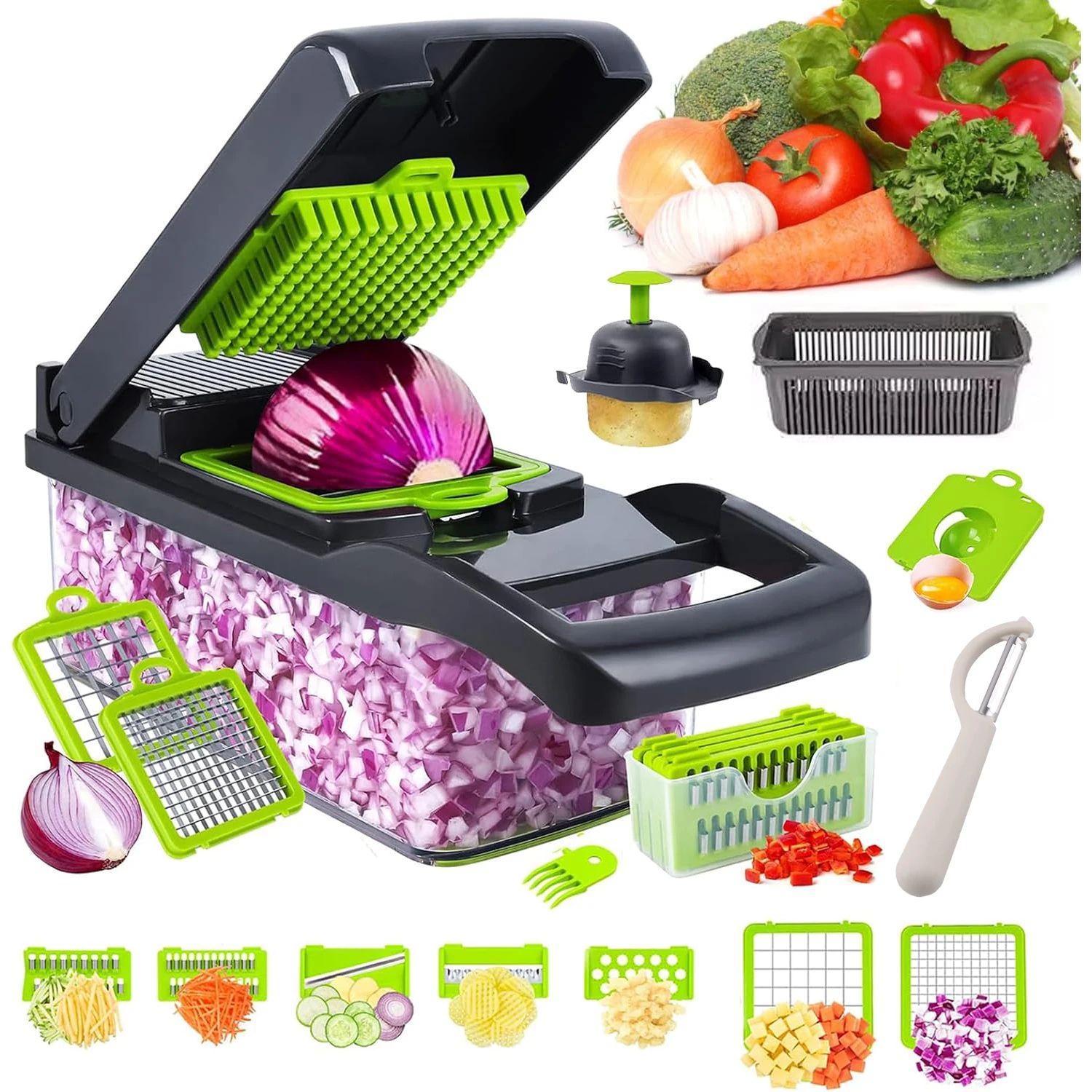 16-in-1 Vegetable Chopper & Vegetable Slicer Dicer Set with Container and Interchangeable Blades