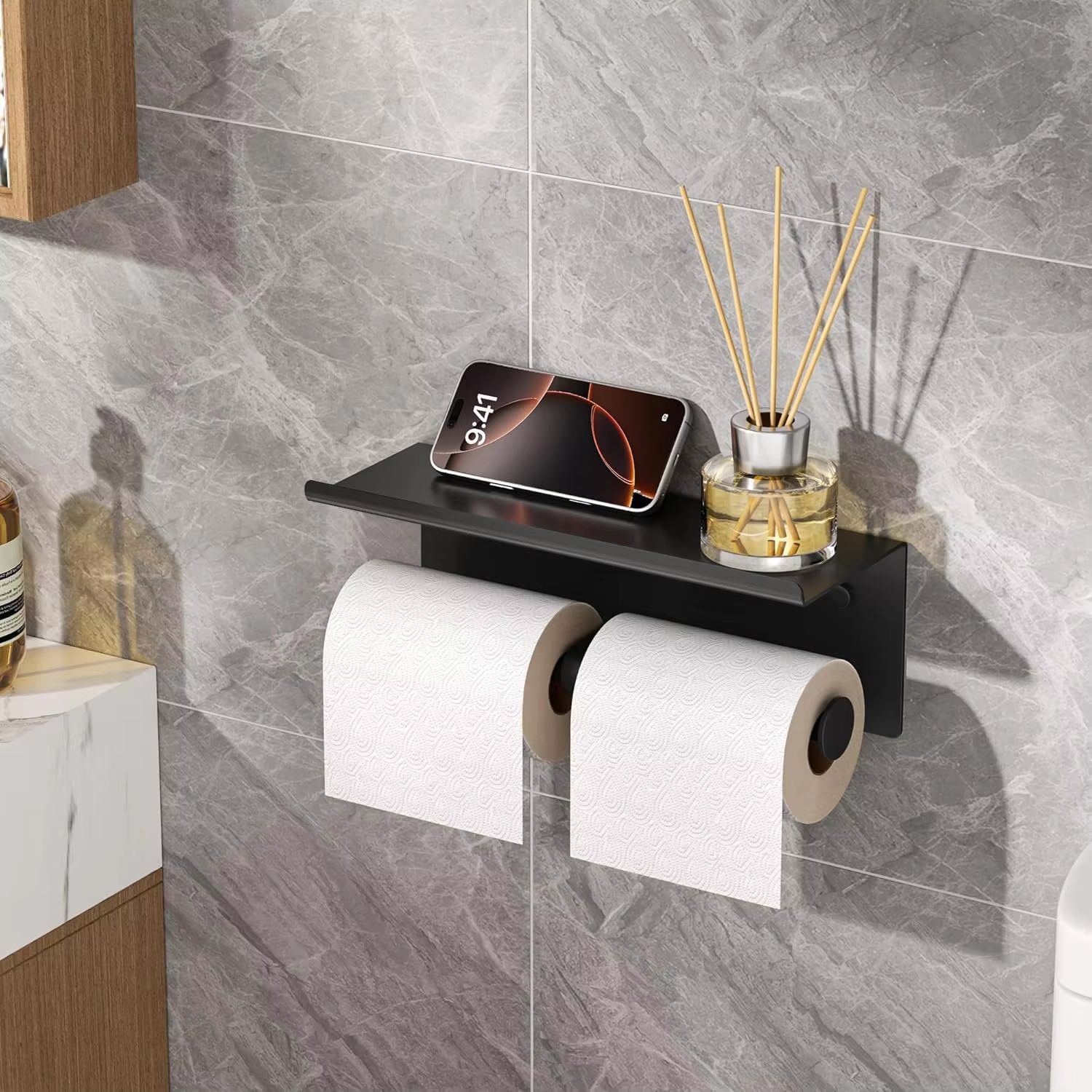 Stainless Steel Double Toilet Paper Holder with Shelf and Wall-Mount Storage