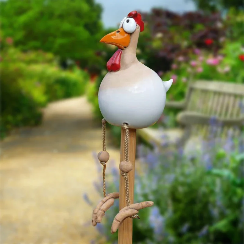 Funny Big Eyed Chicken Statue, Long Foot Hen Sculpture for Garden, Fence & Lawn, Wooden Stake Decoration