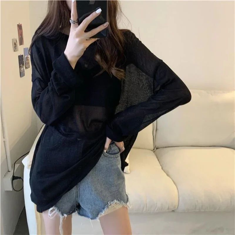 Korean Sheer Long Sleeve T-Shirt – Women's Loose Sun-Protective Ulzzang Summer Tee