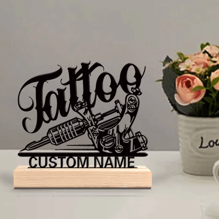Personalized Tattoo Artist Metal Statue – Custom Desk Sculpture with Wooden Base
