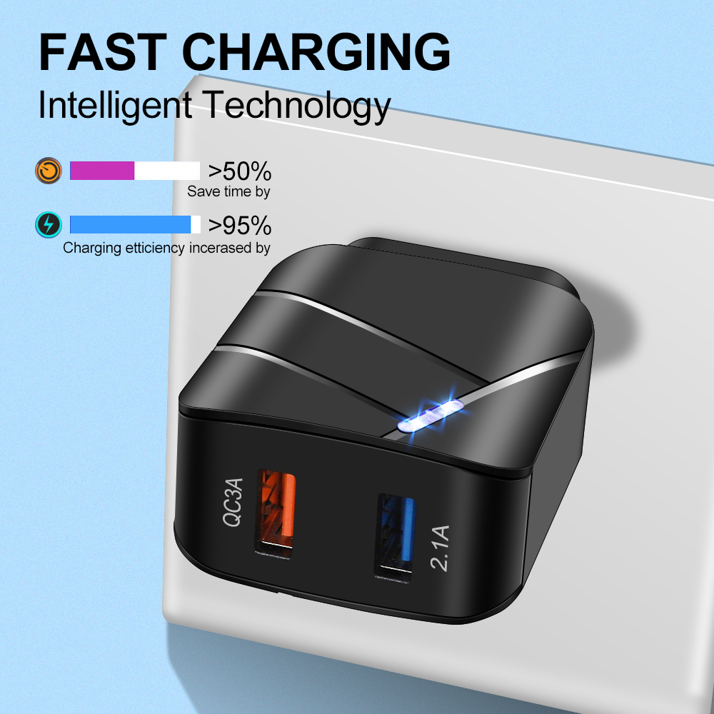 Fast Charging Lighted USB Universal QC3.0 Dual USB Port Adapter for Samsung, iPhone, Xiaomi Phones