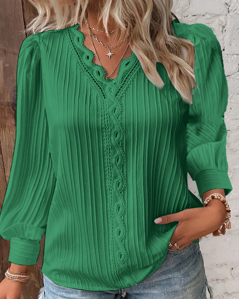 Chic Women Shirt, Elegant Summer Hollow Lace Patchwork Blouse, V Neck Long Sleeve Shirt, Plain Lace Casual Regular Tops