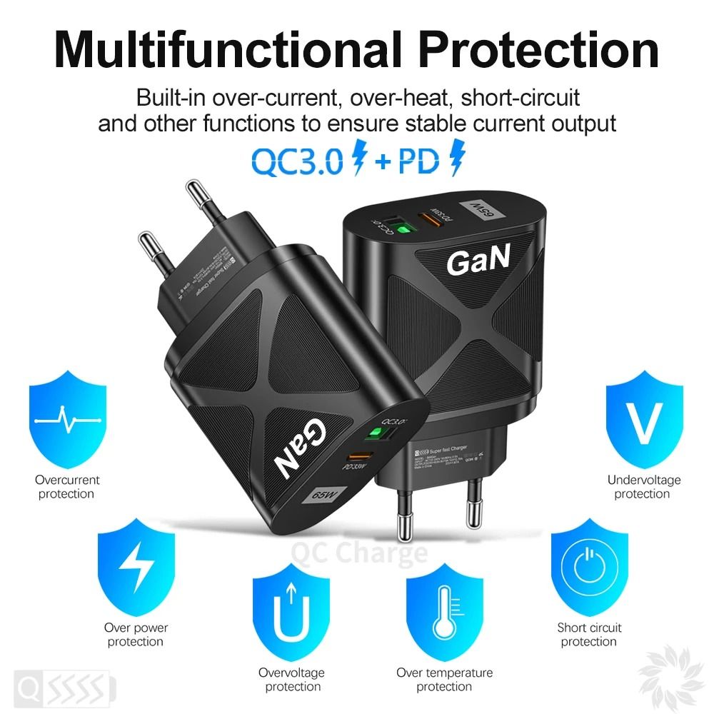65W GaN High-Fidelity USB-C and Quick Charge 3.0 Fast Charging Power Hub