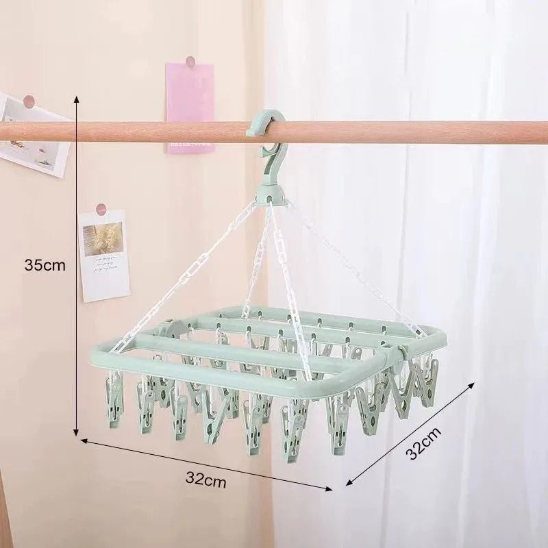 Foldable Clothes Drying Hanger With 32 Clips Space Saving Sock And Underwear Drying Rack