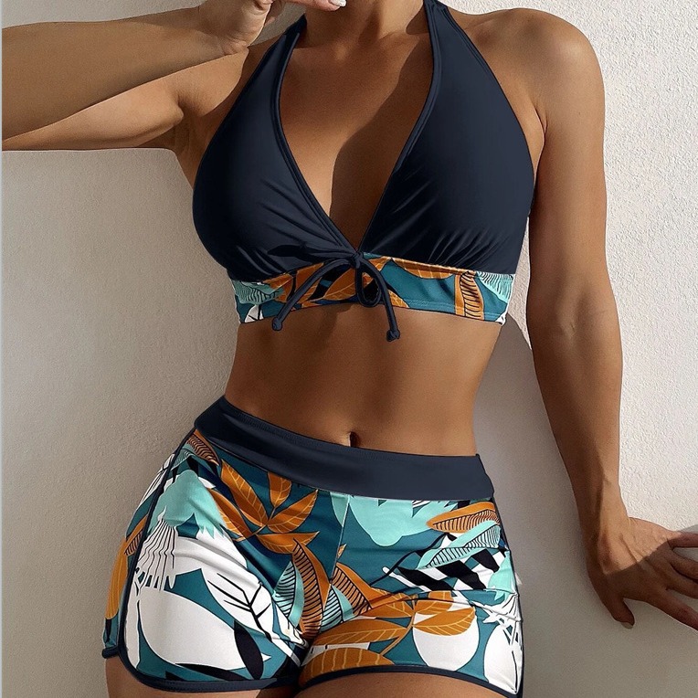 Women Spliced Lace Up Fashion Printed Bikini Set Surfing Bathing Suit Swimwear