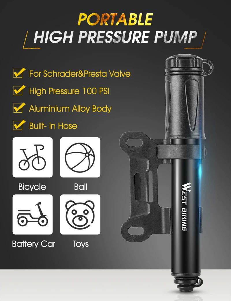 WEST BIKING Mini Bike Pump 100PSI Aluminum Alloy