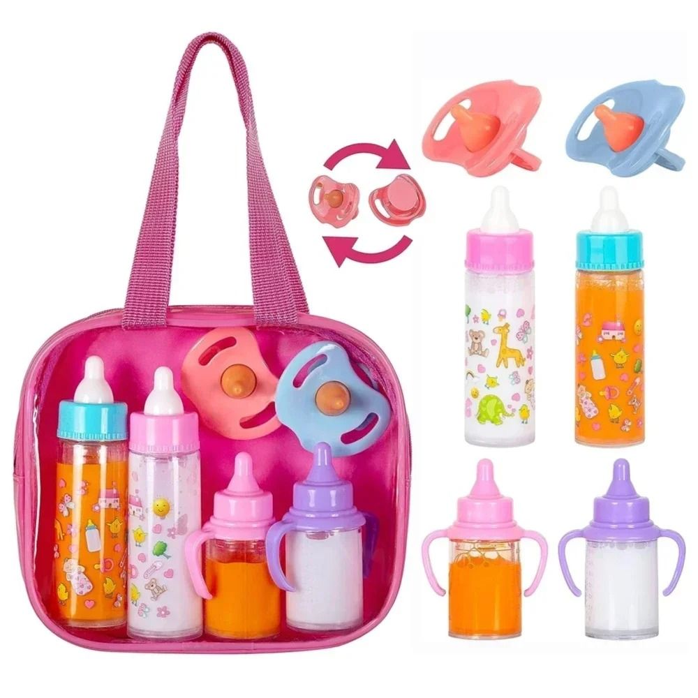 Small Baby Doll Feeding Bottle and Pacifier Set with Milk and Juice Bottles for Pretend Play