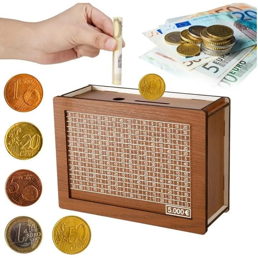 Wooden Euro Money Box with Saving Goals and Numbered Counter – Reusable Piggy Bank for Kids and Adults