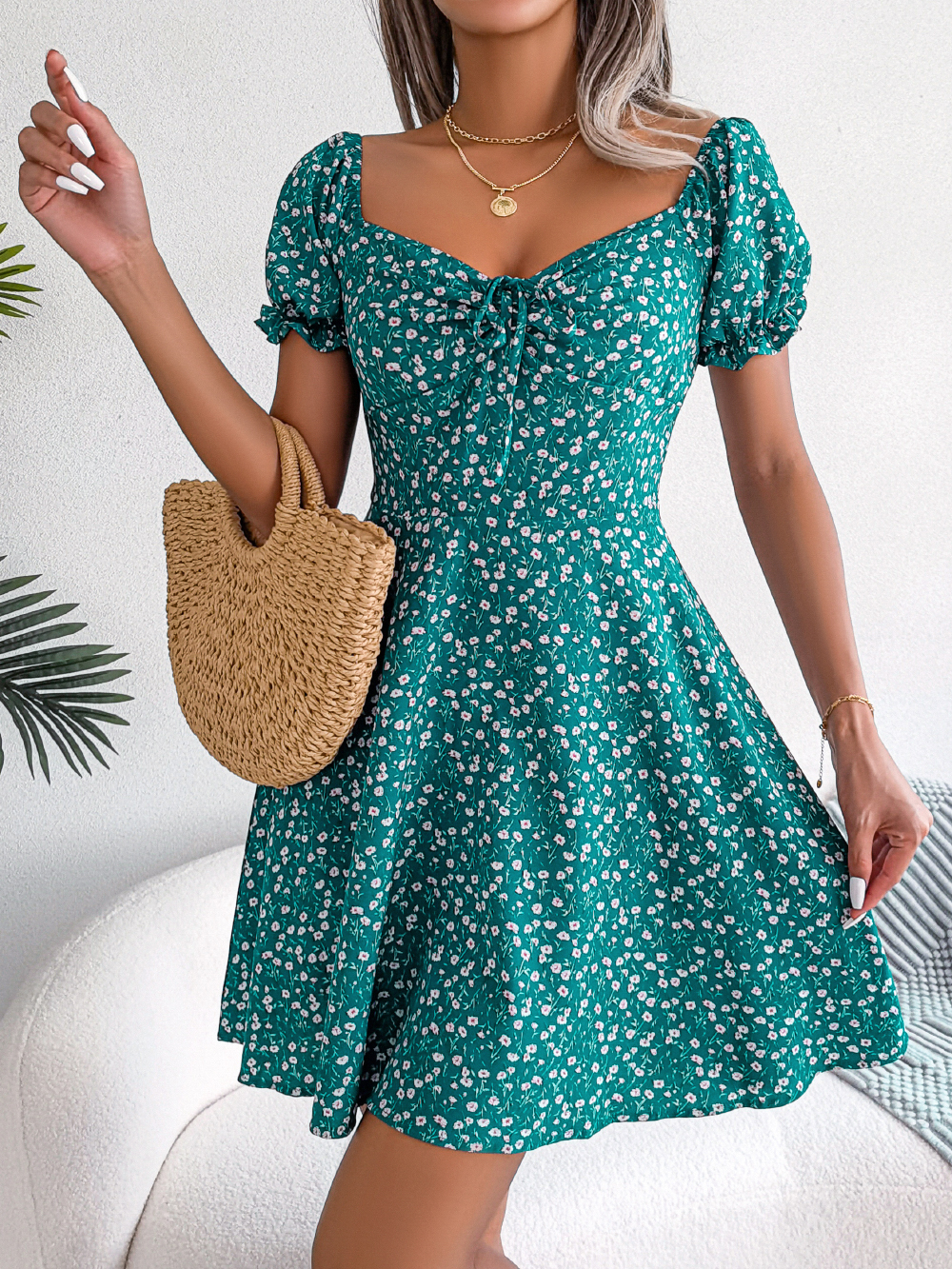 Women Casual Square Neck Flare Short Sleeve Floral Dress, Elegant A-Line Spring Summer Dress for Fashionable Women