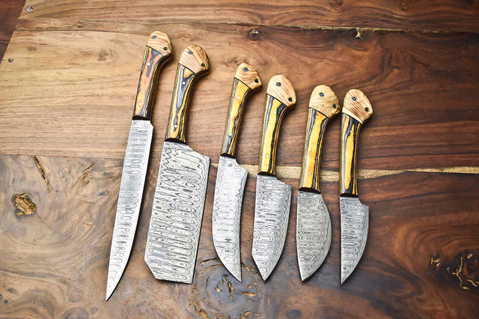 5 Artisan Damascus Steel Kitchen Knives – Handmade & Hammered Design