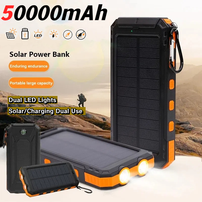 Portable Solar Power Bank, Outdoor Large Capacity Mobile Phone Charger with Flashlight, Fast Charging External Battery
