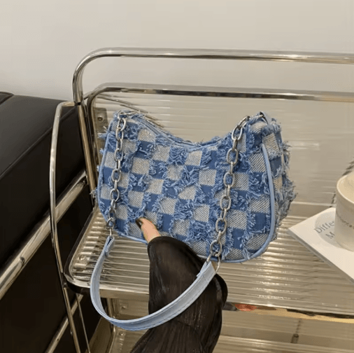 Womens Star Pattern Tote Bag – Blue Distressed Shoulder Handbag for Everyday Style