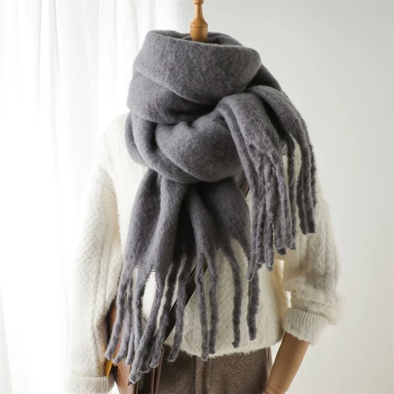 Luxury Winter Cashmere-Feel Scarf – Extra Long Solid Pashmina Wrap & Thick Tassel Shawl